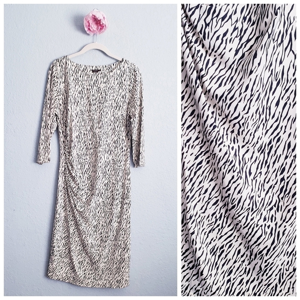 J. Mclaughlin Zebra Print Ruched 3/4 Sleeve Dress